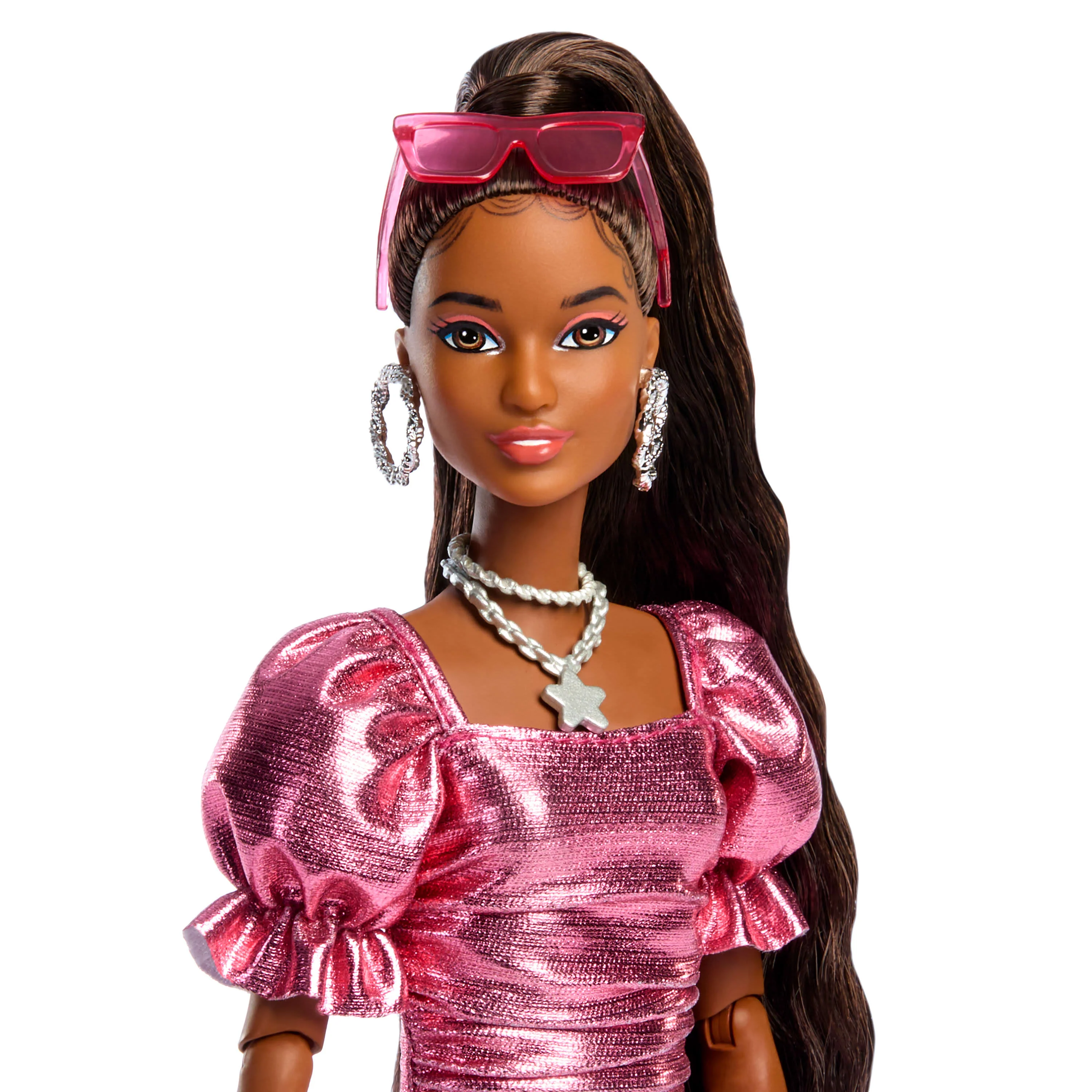 Barbie Deluxe Style Fashion Doll #6 in Metallic Coral Dress with Bubble Hem and Silvery Accessories - Image 2