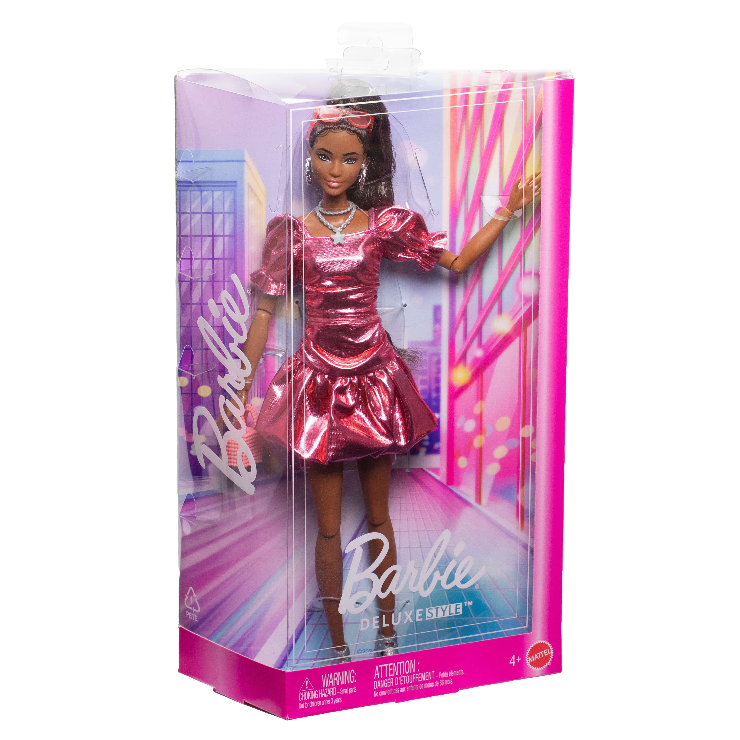 Barbie Deluxe Style Fashion Doll #6 in Metallic Coral Dress with Bubble Hem and Silvery Accessories - Image 6
