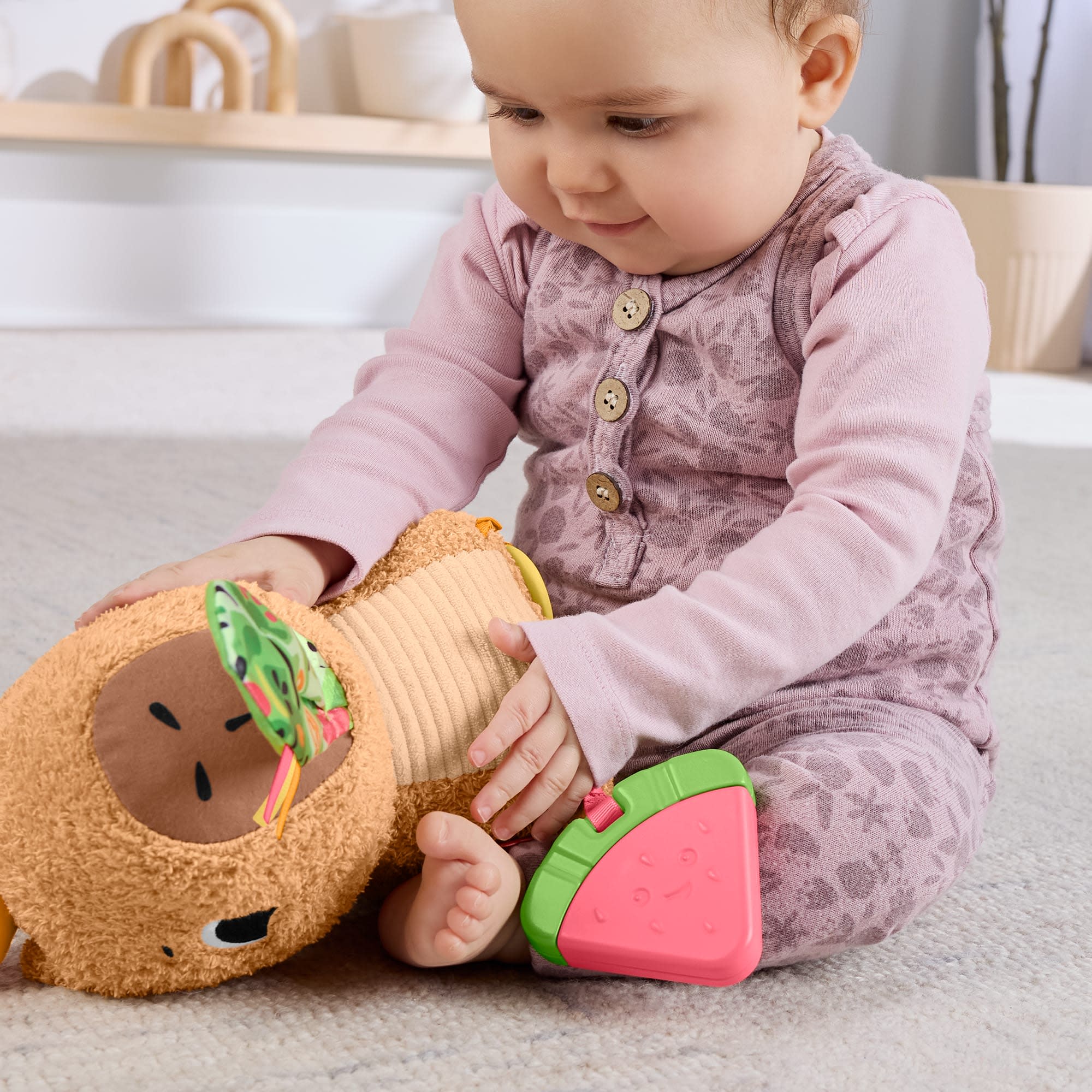 Fisher-Price Snuggly Snacky Capybara Plush Baby Sensory Toy with Teether & Rattle for Newborns - Image 4